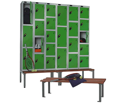Leisure Probe Lockers - three compartment, four compartment and five compartment lockers shown mounted on seats and stands and also available with loose island bench seats