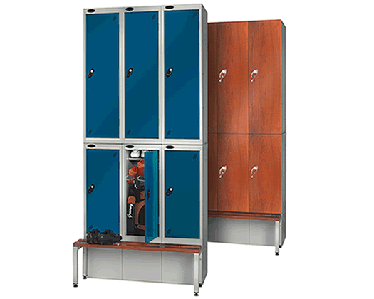 Probe Golf lockers available with steel or wooden finish doors. Lockers are shown with standard golf bench which fits neatly in front of the lockers.